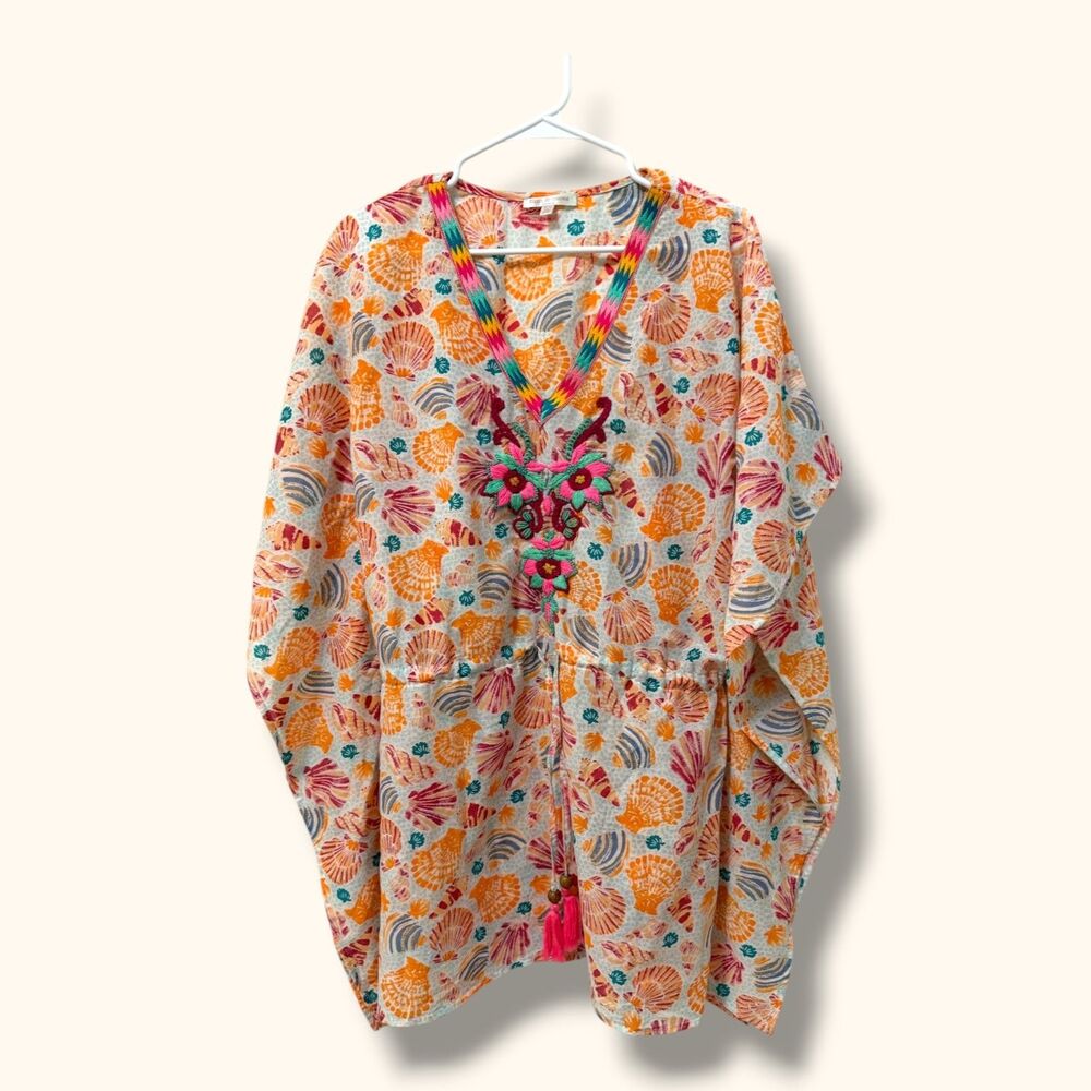 Flint & Moss Tunic Womens M Embroidered V-Neck Shell Print Beach Coverup